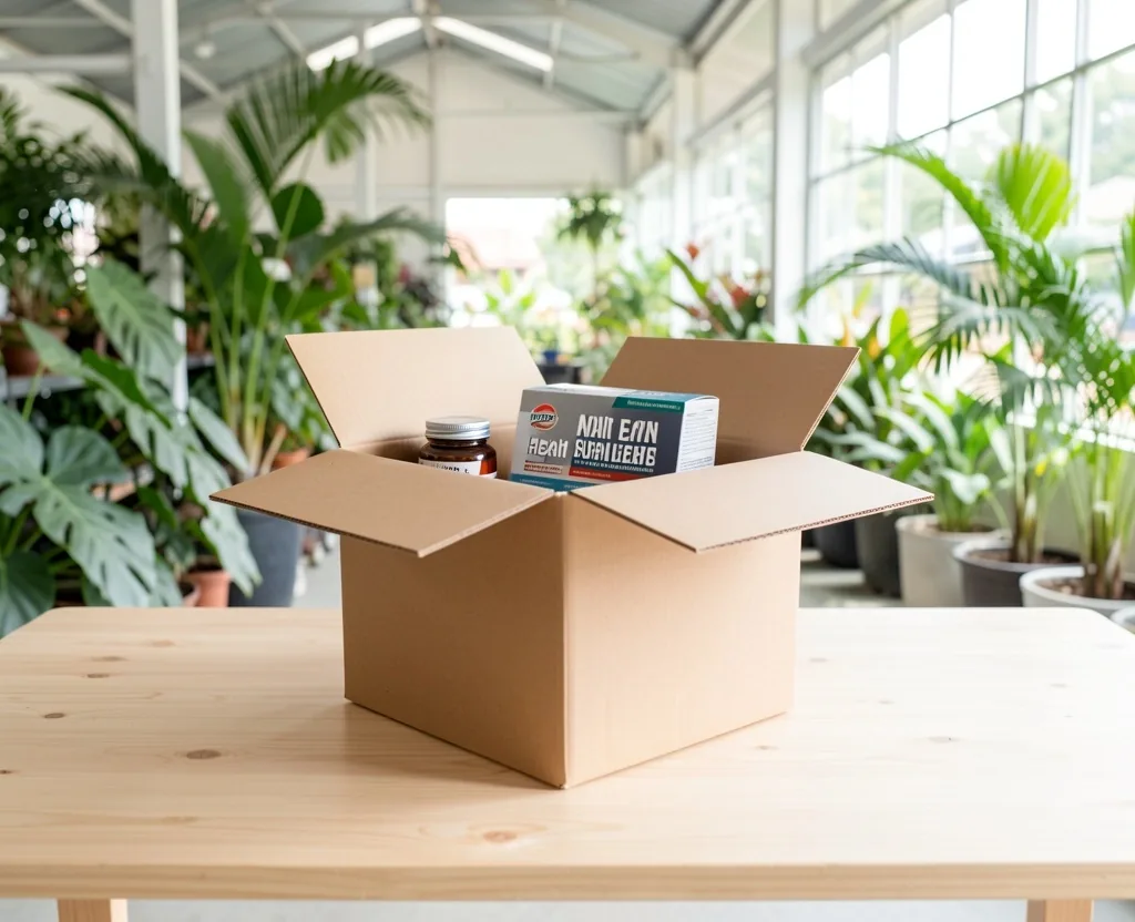 A packaged shipping box in a clean warehouse setting