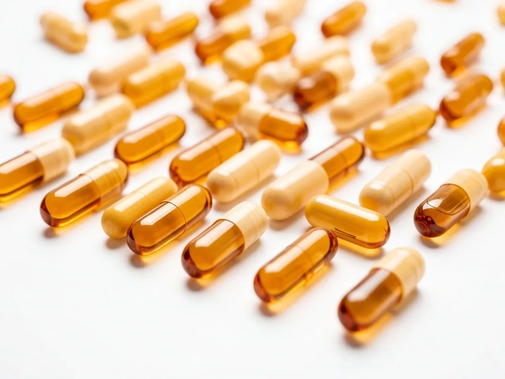 Natural supplement capsules on a white surface