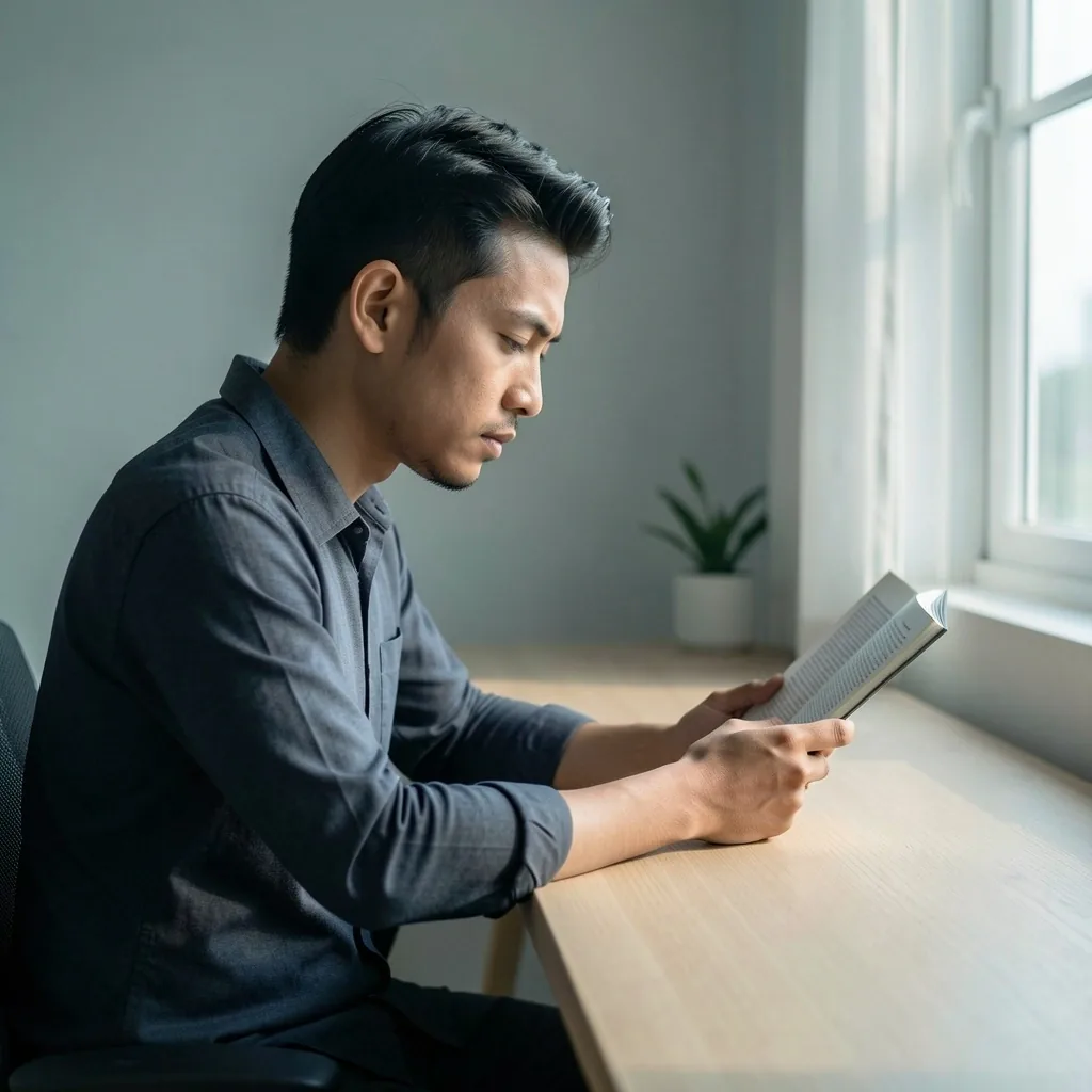 Man working with focus at a minimal desk in natural light