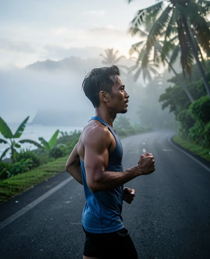 Man running on Bali coastal road in early morning