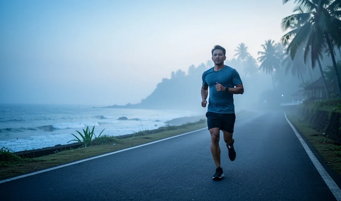 Man jogging along Bali coastal road at dawn