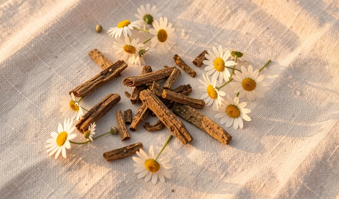 Valerian root and chamomile flowers on linen surface