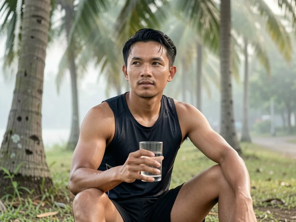 Active man resting in a tropical Indonesian outdoor setting